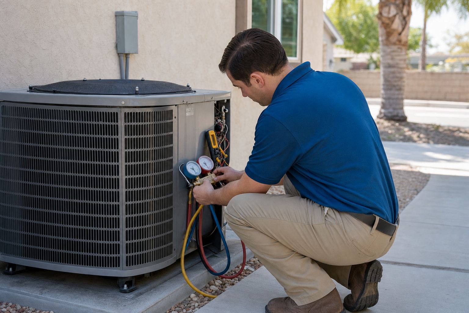 HVAC technician servicing an outdoor condenser