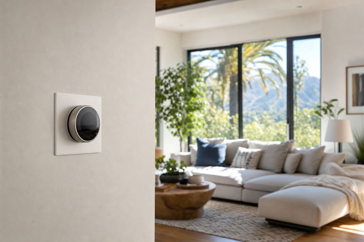 Modern home thermostat on a living room wall